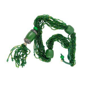 Handcrafted Green Beaded Necklace With Tassel Decorative Silver Accents Adjustab